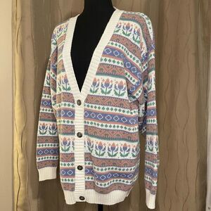 Vintage   80s / 90s Womens Medium Pastel Floral Knit Cardigan Sweater USA